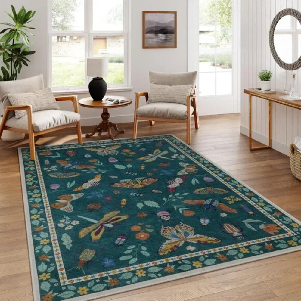 New 5x7 Dark Green Insect Print Rug, Washable Non-Slip Modern Carpet for Home